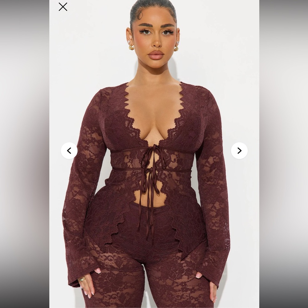 Karla Lace Wide Leg Pant Set - Brown